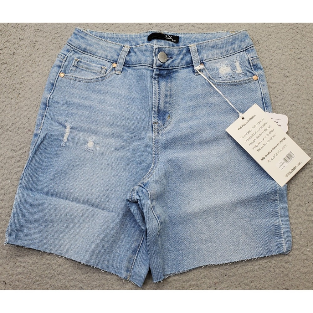 1822 Denim Mid Thigh Shorts Womens 2/26 Blue 5 Pockets High Rise Ripped Raw Hem